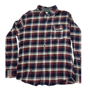 Vissla Mens Plaid Flannel Button Down Shirt Burgundy Navy Blue Long Sleeve Med